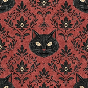 May include: A repeating pattern with black cat faces and decorative floral damask motifs on a red backdrop. The cats have yellow eyes and black fur. The damask elements are black, creating a gothic or vintage style.