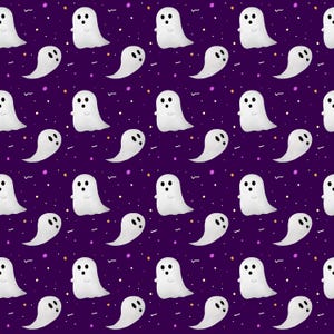 May include: A repeating pattern on a deep purple background featuring white ghosts with black eyes and mouths. The design includes small scattered dots in yellow and purple, along with thin white squiggly lines distributed across the surface.