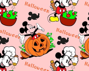 May include: A repeating pattern featuring Mickey Mouse in Halloween poses. Mickey is shown with a carved pumpkin, holding treats, and near a green bowl. The word "Halloween" is repeated in orange text on a light pink background.