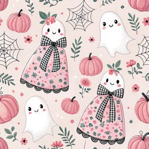 May include: A repeating pattern featuring white ghosts with smiling faces, some wearing pink floral dresses with black and white chequered bows. The design includes pink pumpkins, black spiderwebs, and small green leafy sprigs on a light pink background.