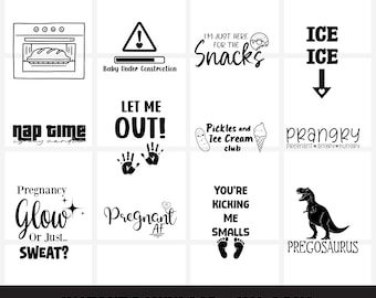 Paquete SVG divertido de embarazo, 12 frases divertidas para futuras mamás, diseños SVG y PNG de maternidad para Cricut y Silhouette.