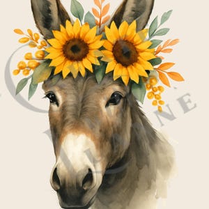 Sunny the Donkey with Sunflower Crown, A4 Single Printable,  Decoupage Image, Instant Download, Printable, Sublimation, Junk Journal