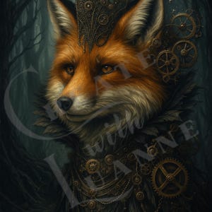 May include: A digital art print of a fox with orange and white fur, adorned with a steampunk-style crown and gear-shaped embellishments. The fox is set against a dark, forested background, creating a mystical and detailed image.