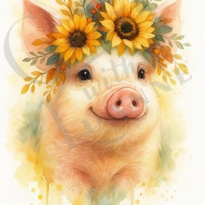 May include: Watercolor illustration of a smiling pig wearing a crown of sunflowers and greenery. The pig has a pink snout and ears, with a soft, yellow and peach-colored coat. The background features watercolor paint drips in yellow and green.