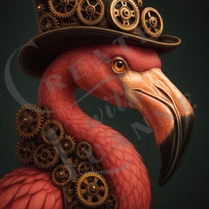 May include: A steampunk-themed illustration of a flamingo. The flamingo is pink with a black beak and is adorned with brass gears on its neck and a top hat. The background is a dark green.