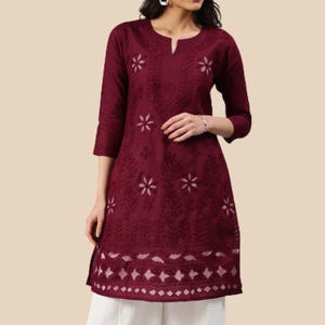 Sutradhar - Lucknowi Hand Embroidered Maroon Net Dommon Chikankari Kurti For Ladies,Embroidered Women Cotton Kurta