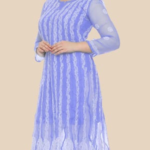 Purple Chikankari Anarkali Kurti: Hand Embroidered Chiffon Tunic Dress