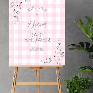 Bearbeitbares rosa Gingham-Babyparty-Willkommensschild | Blumen Bogen Vorlage | Mädchen-Babyparty-Zeichen druckbare | SOFORTIGER DOWNLOAD