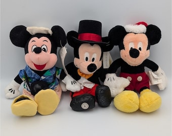 VTG Mickey Mouse Bean Bag Plush Lot 3 Tourist Santa Happy New Year 2002 Disney