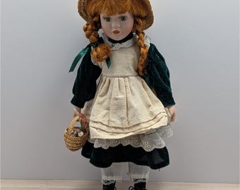 16" Red Hair Braids Porcelain Doll Green Velvet Dress Flower Basket Straw Hat