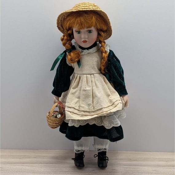 porcelain doll green velvet dress & Hat On Stand Perfect For Imaginative Play And Display. Porcelain Doll Green Velvet Dress