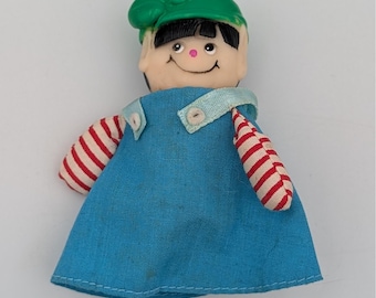 Vintage Boy Elf Finger Puppet Vinyl Head Blue Overalls Red White Striped 3 Inch