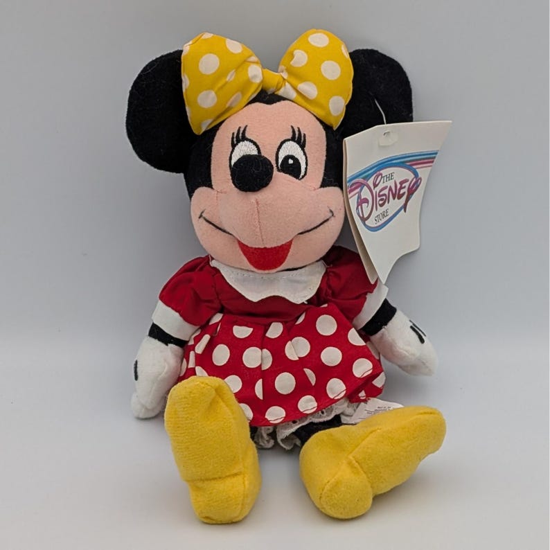 VTG Disney Store Minnie Mouse mini zitzak pluche jurk met rode stippen gele strik afbeelding 1