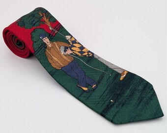 Rooster New Traditions Vintage Golf Golfers On Green Red Navy Silk Novelty Tie