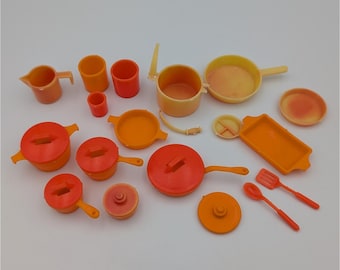 VTG 1970s Barbie Dream House Kitchen Cookware Pots Pans Orange Mattel Lot