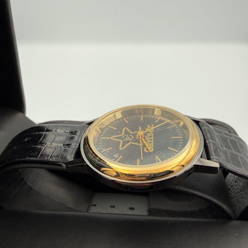 Carls Jr Armbanduhr Gold-Ton Schwarz Lederarmband Stern-Logo Analog Quarz Time Corp Bild 9