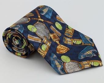 VTG Dino Romaro Men's Tennis Theme Silk Tie Navy Blue Rackets Balls Shoes 58x4"