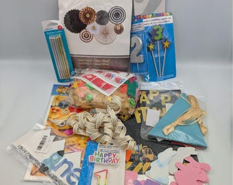 Mixed Party Supply Lot Birthday Candles Banners Fans Construction Emoji One 3rd