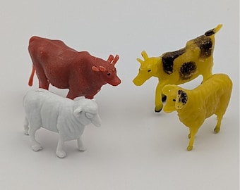 Vintage Plastic Farm Animal Figurines Miniature Cows and Sheep Toy Set 4 Pieces