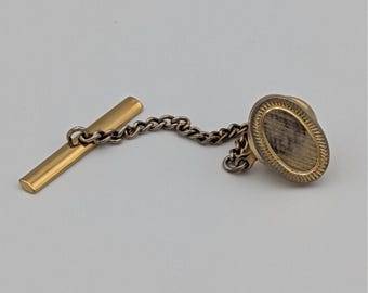 VTG Gold Tone Tie Tack Oval Brushed Etched Sunburst Design Safety Chain T-Bar