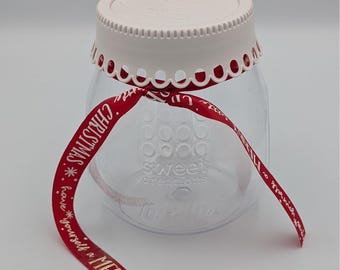 Sweet Creations Christmas Treat Jar Clear Plastic Scalloped Lid Red Ribbon 5in