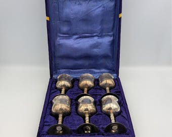 Vintage EPNS India geätzte Silberplatte Cordial Becher Set mit 6 Samtbox