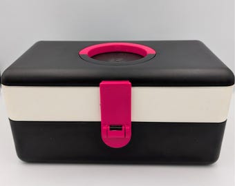 VTG Pretty Neat Beauty Organizer Makeup Case Black White Pink Mirror 1990s Trays
