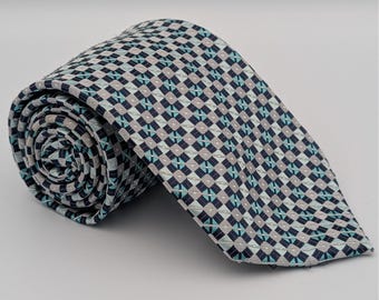 VTG Colours Alexander Julian Geometric Square Navy Teal Silver Silk Mens Tie