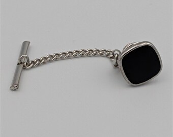 VTG Silver Tone Tie Tack Cushion Black Onyx Stone Safety Chain T-Bar Pin