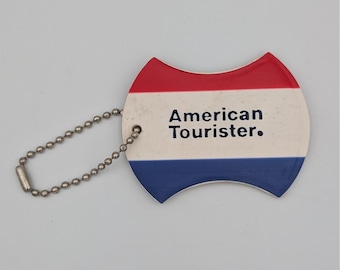 Étiquette à bagage American Tourister vintage, chaîne de porte-identité en caoutchouc rouge blanc bleu