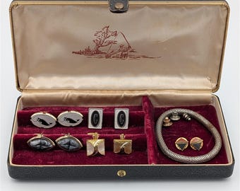 VTG Hickok Men's Jewelry Box Marlin Fishing Cufflinks Pins Mesh Bracelet Lot