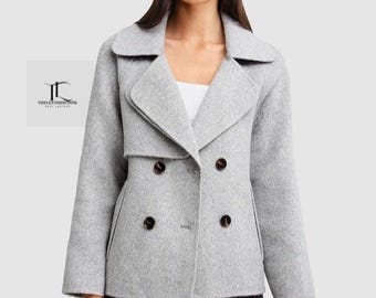 Handmade Grey Wool Peacoat Blazer - Double-breasted Winter Coat