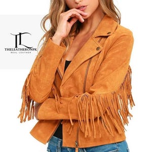 Damen Wildleder Fransenjacke Damen Tan Braun Echt Wildleder Fransenjacke Damen Western Cowgirl Jacke Damen Quaste Spitze Jacken