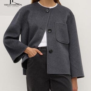 Women Grey Wool Jacket Virgin wool Chirell blazer Jacket  Women&#39;s cape jacket Ladies Wool Blend Coat Women Round Neck Wool Jacket Handmade