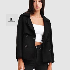 Womens Black Wool Coat Pure Wool Black Long Coat Warm Wool Coat Wrap, Spring Coat Minimalist Coat Double Breasted Coat Winter Wool Coat