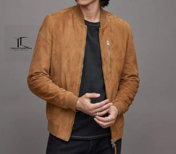 Mens Tan Brown Suede Leather Jacket Mens Brown Bomber Jacket