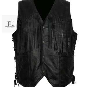 Mens Black Genuine Leather Vest Men Black Fringe Vest Men Fringed Vest Men Real Leather Tassel Lace Vest Men Motorcycle Biker Rider Vest