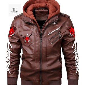 Cyberpunk 2077 Samurai Brown Hooded Black Leather Biker Jacket/Trendy Gamer Jacket/Cyberpunk Costume Jacket/Men Brown Leather Jacket