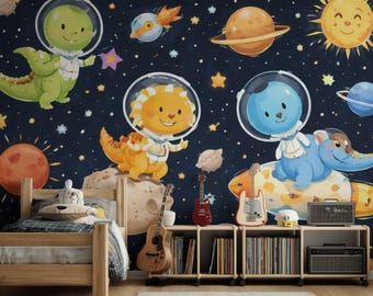 Cute Space Dinosaurs Wallpaper, Kids Room Wall Mural, Astronaut Dino Nursery Wallpaper, Outer Space Baby Room Decor