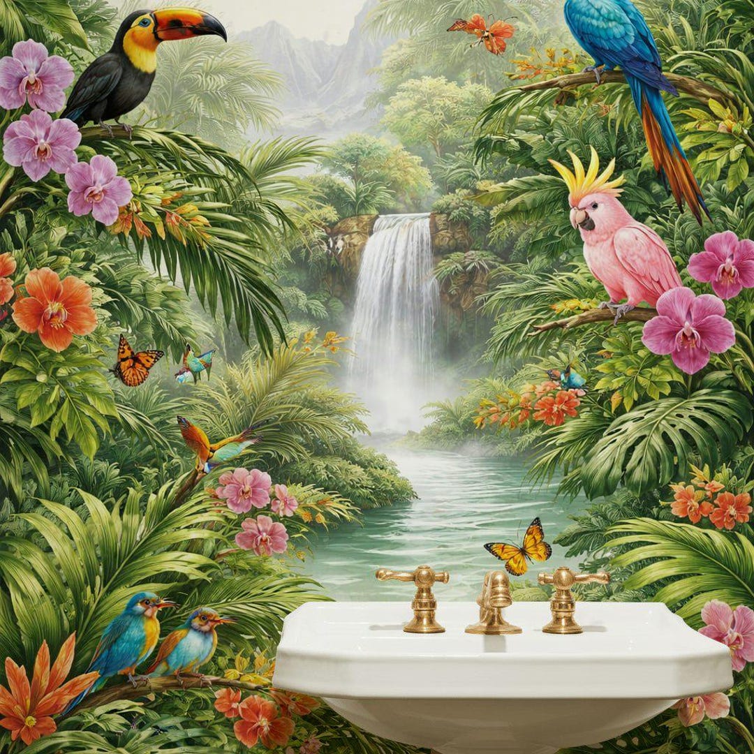 Tropical Jungle Wallpaper, Exotic Birds Parrots Waterfall Mural ...