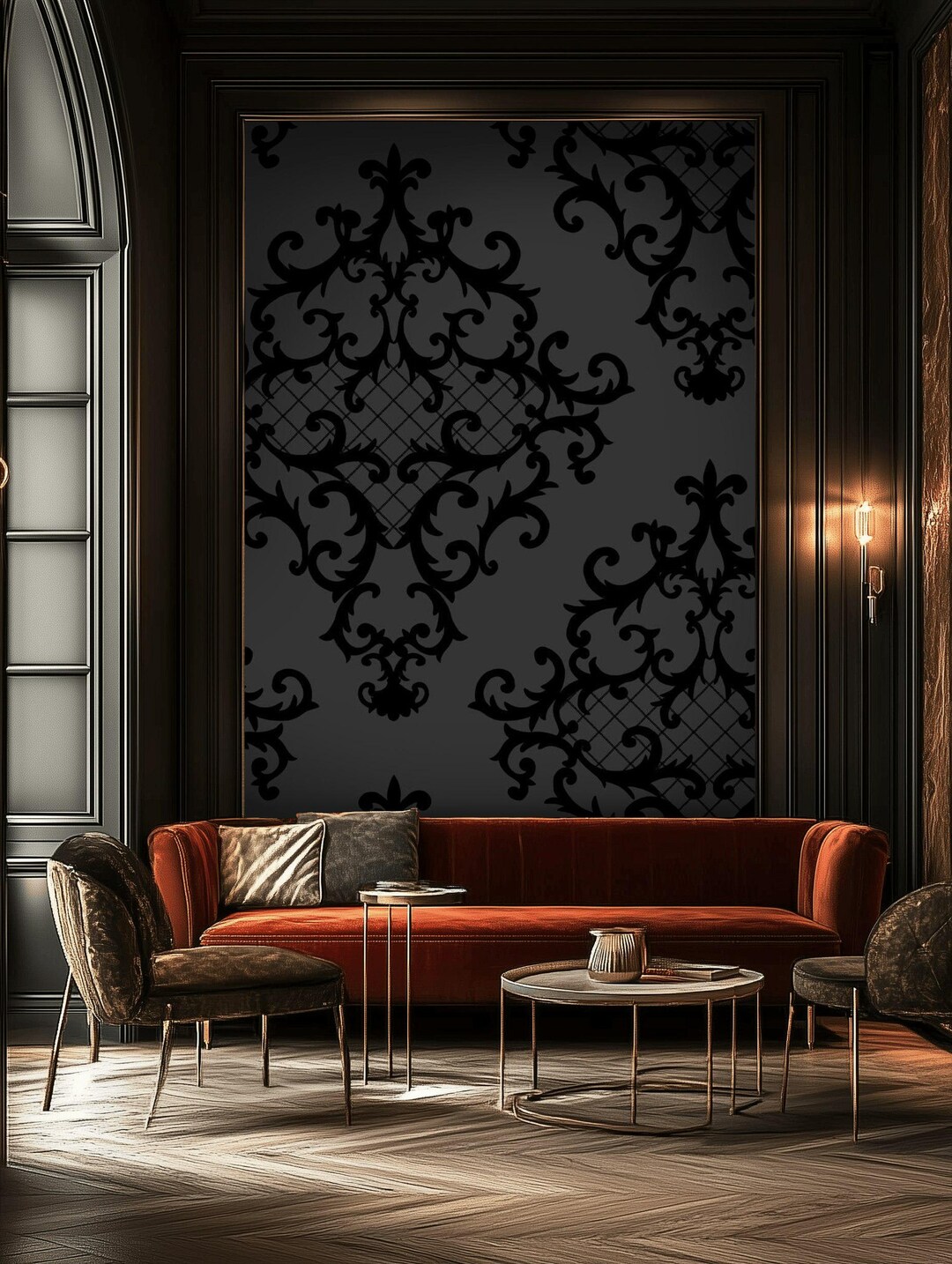 Black Damask Wallpaper, Dark Gothic Pattern Wall Decor, Luxury Vintage