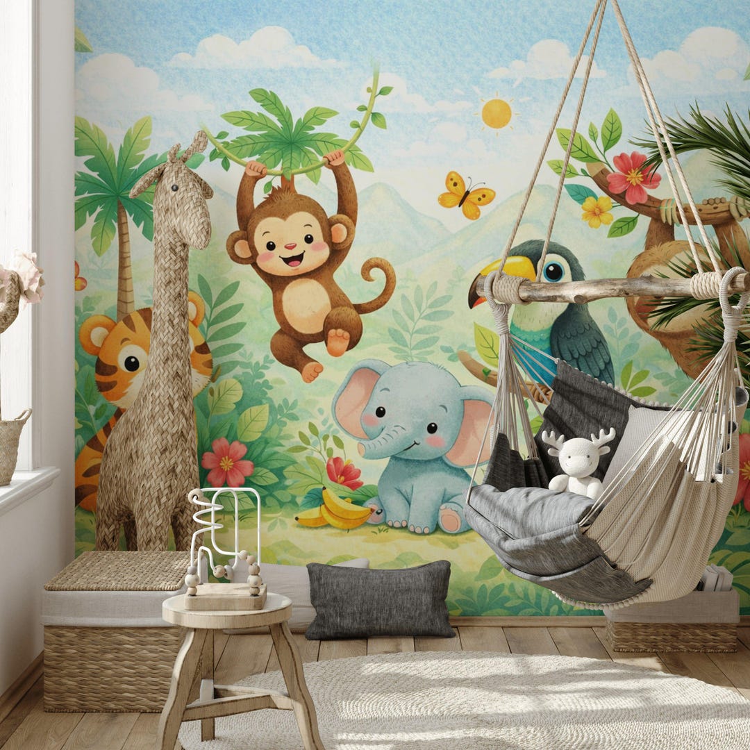 Cute Jungle Animals Nursery Wallpaper, Colorful Safari Kids Wall Mural ...