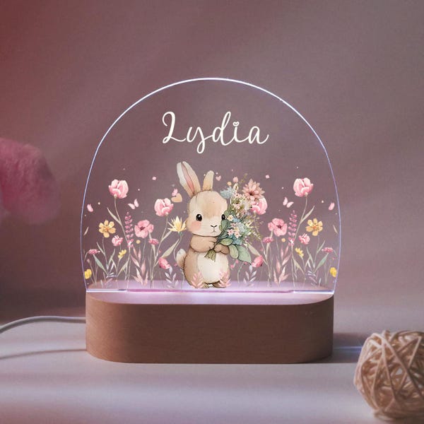 Personalised Cute Bunny Floral Night Light, LED Lamp for Baby Girls, Custom Floral Plaque with Name, Nursery Decor, Baptism Baby Shower Gift