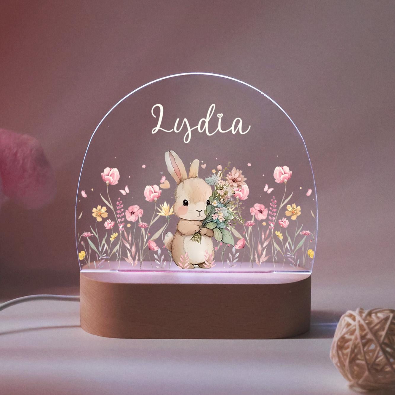 Personalised Cute Bunny Floral Night Light, LED Lamp for Baby Girls, Custom Floral Plaque with Name, Nursery Decor, Baptism Baby Shower Gift