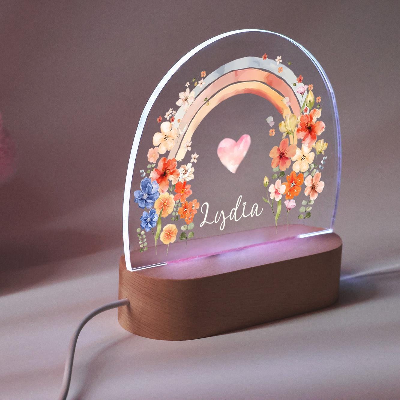 Personalised Cute Bunny Floral Night Light, LED Lamp for Baby Girls, Custom Floral Plaque with Name, Nursery Decor, Baptism Baby Shower Gift
