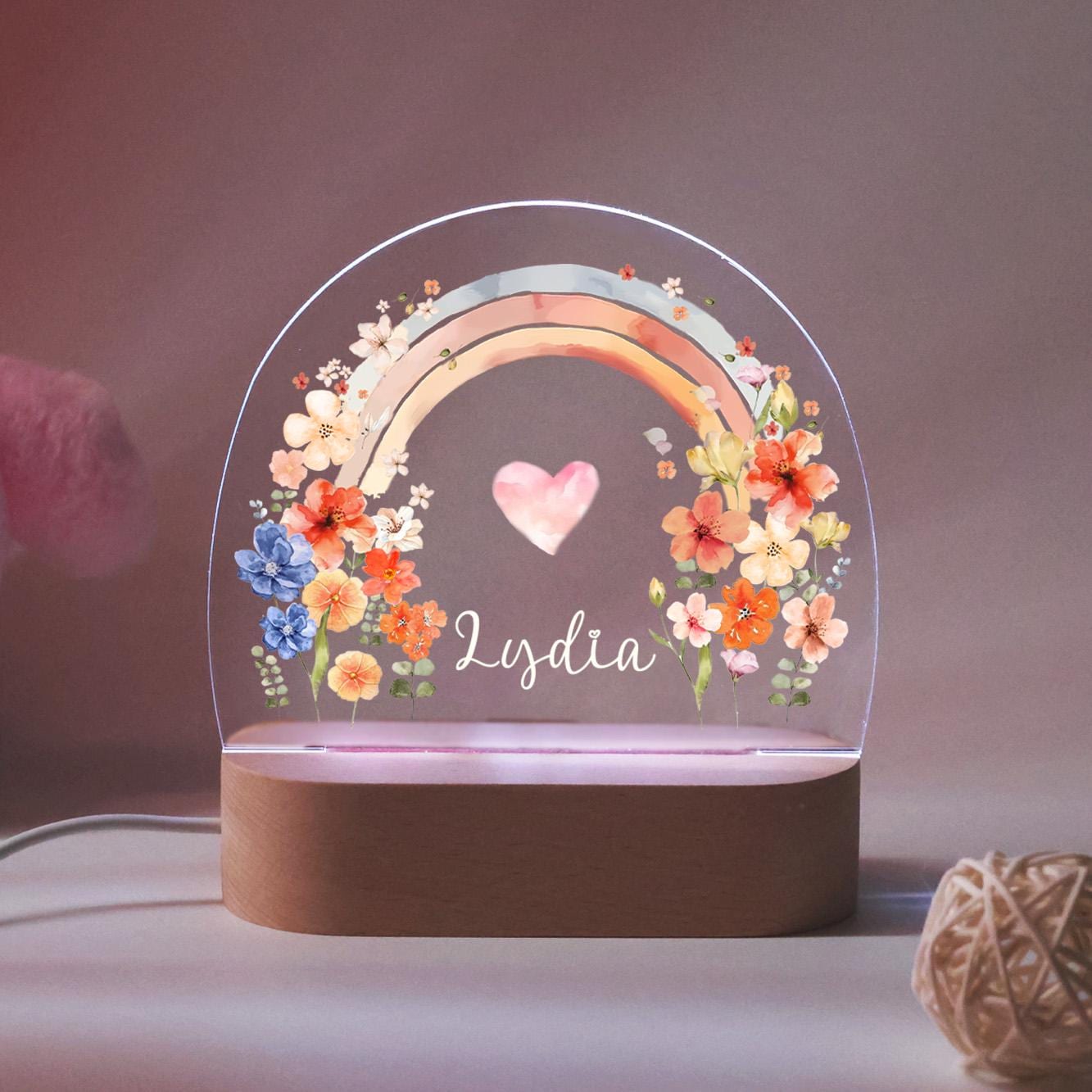 Personalised Cute Bunny Floral Night Light, LED Lamp for Baby Girls, Custom Floral Plaque with Name, Nursery Decor, Baptism Baby Shower Gift