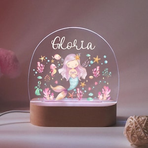 Custom Little Mermaid Night Light, LED Lamp for Baby Girls, Personalised Floral Plaque with Name, Nursery Decor, Baptism Baby Shower Gift