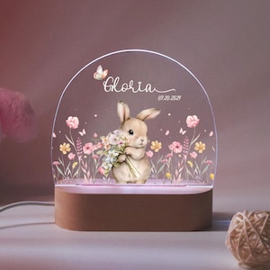 Custom Cute Bunny Floral Night Light, LED Lamp for Baby Girls, Personalised Floral Plaque with Name, Nursery Decor, Baptism Baby Shower Gift