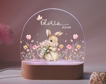 Aangepaste schattige konijntjes bloemennachtlampje, ledlamp voor babymeisjes, gepersonaliseerde bloemenplaquette met naam, decoratie kinderkamer, doop cadeau babyshower
