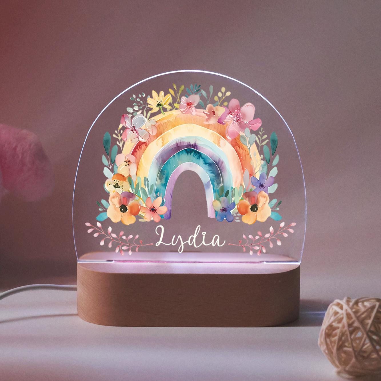 Personalised Cute Bunny Floral Night Light, LED Lamp for Baby Girls, Custom Floral Plaque with Name, Nursery Decor, Baptism Baby Shower Gift